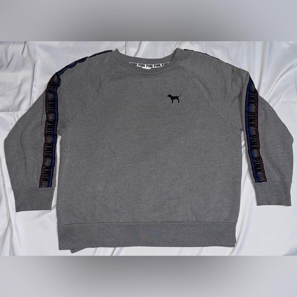 Victorias Secret Pink Grey Crewneck Sweatshirt With Dog Logo & Shoulder Stripe